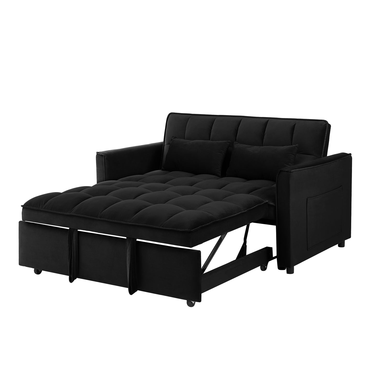 Black velvet convertible sofa bed with tufted cushions and pullout sleeping surface