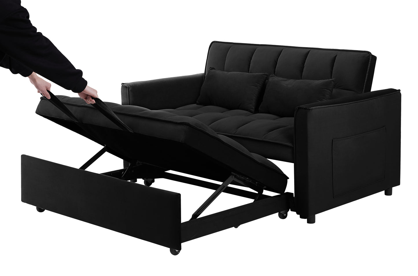 Black velvet sofa bed with pullout storage ideal for small spaces