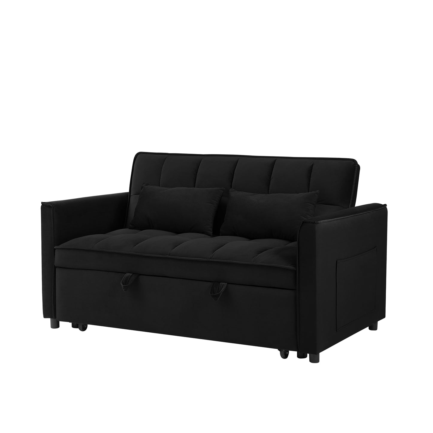 Black upholstered sofa bed with tufted cushions and side storage pocket
