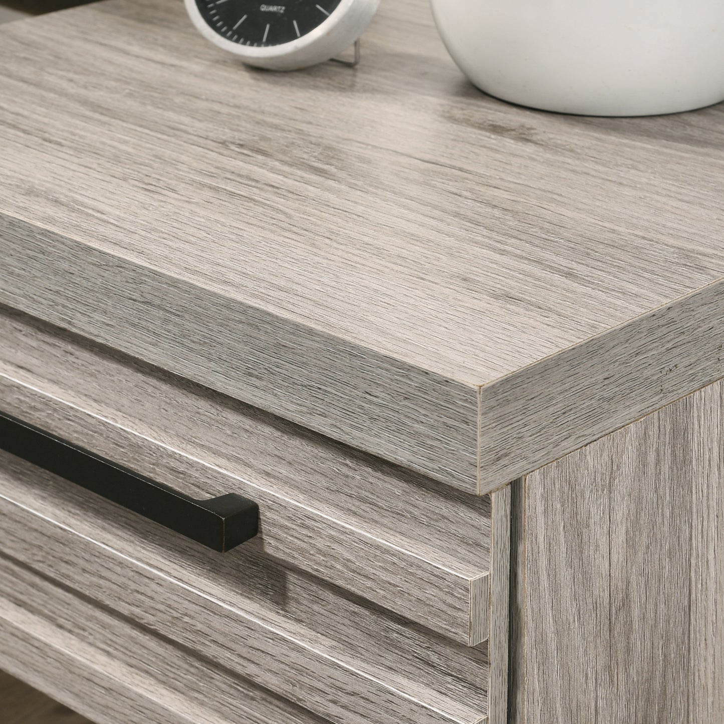 Rustic grey wood finish nightstand with black drawer pull
