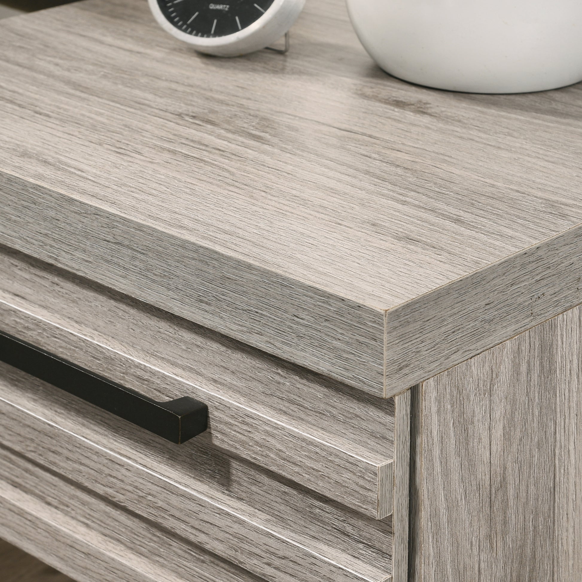 Rustic grey wood finish nightstand with black drawer pull