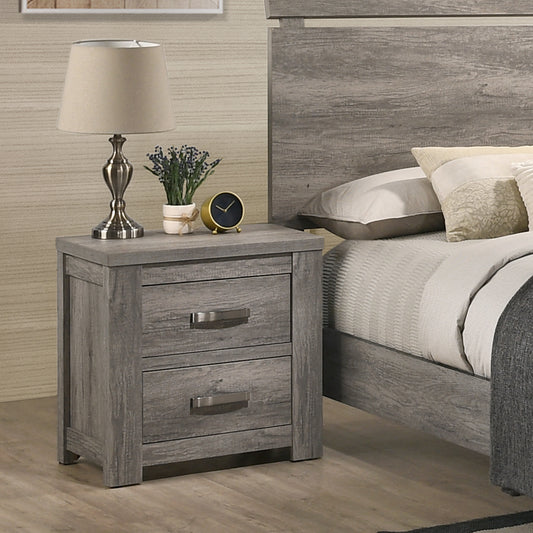 Gray wood nightstand with two drawers featuring silver handles next to a bed