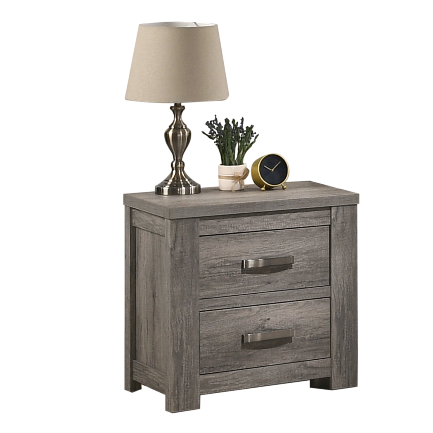 Rustic gray wood twodrawer nightstand with brushed nickel hardware a desk lamp and decor