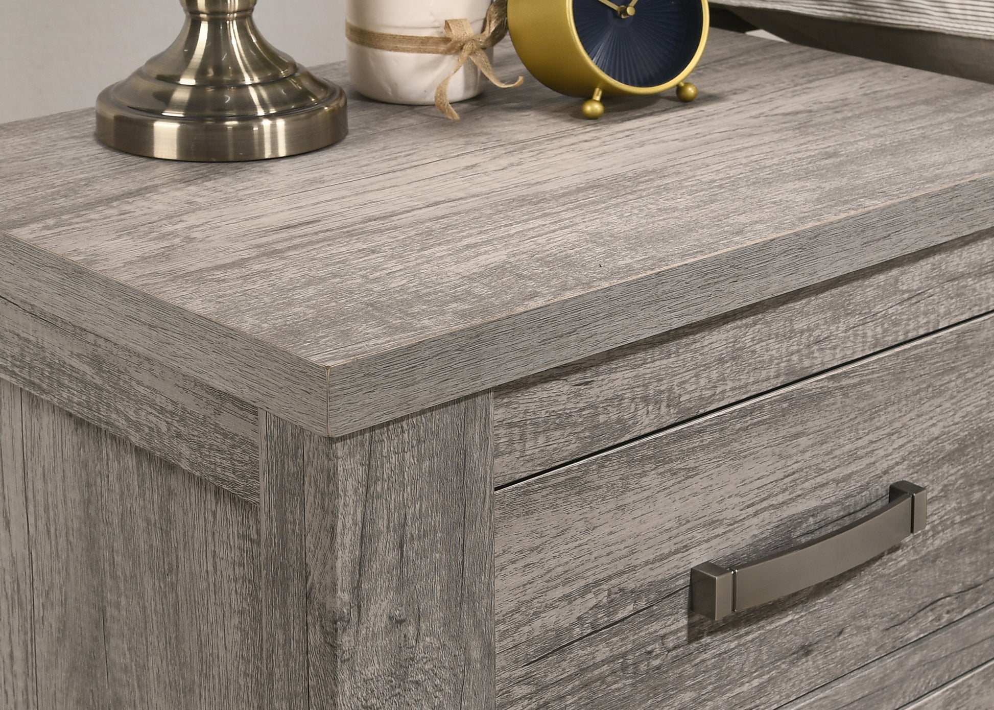 Rustic grey wood finish nightstand with one drawer and silver handle