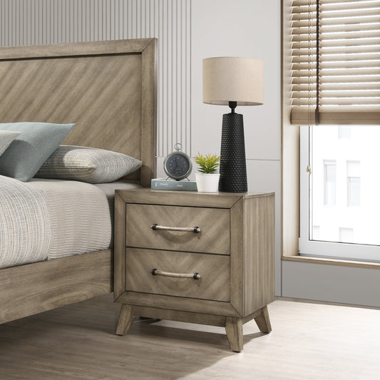 Twodrawer distressed wood nightstand with ropestyle pulls beside a bed