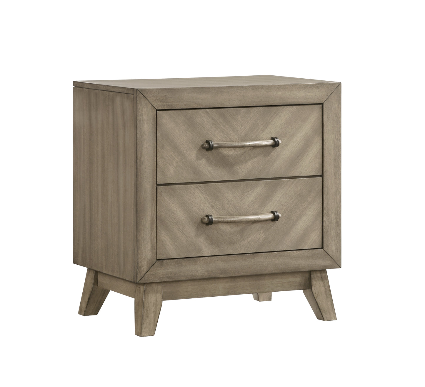 Gray wooden nightstand with two chevronpatterned drawers and silver hardware