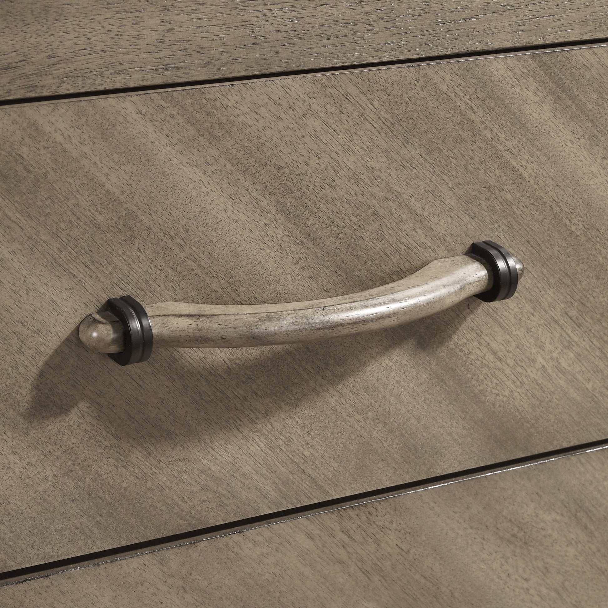 Rustic wooden dresser drawer pull with dark metal accents