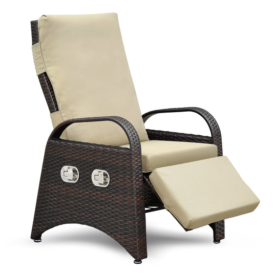 Brown wicker recliner with beige cushions and footrest extended for outdoor relaxation