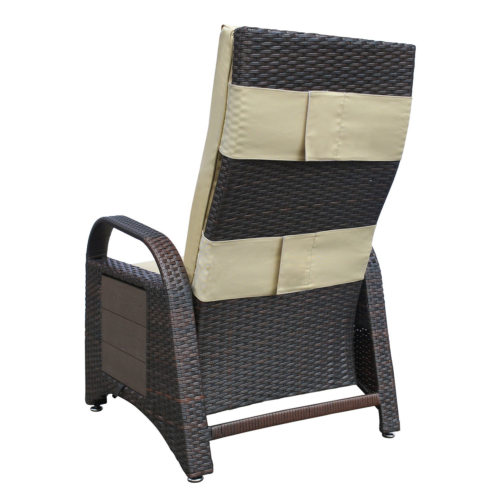 Brown wicker recliner chair with tan cushions and armrests