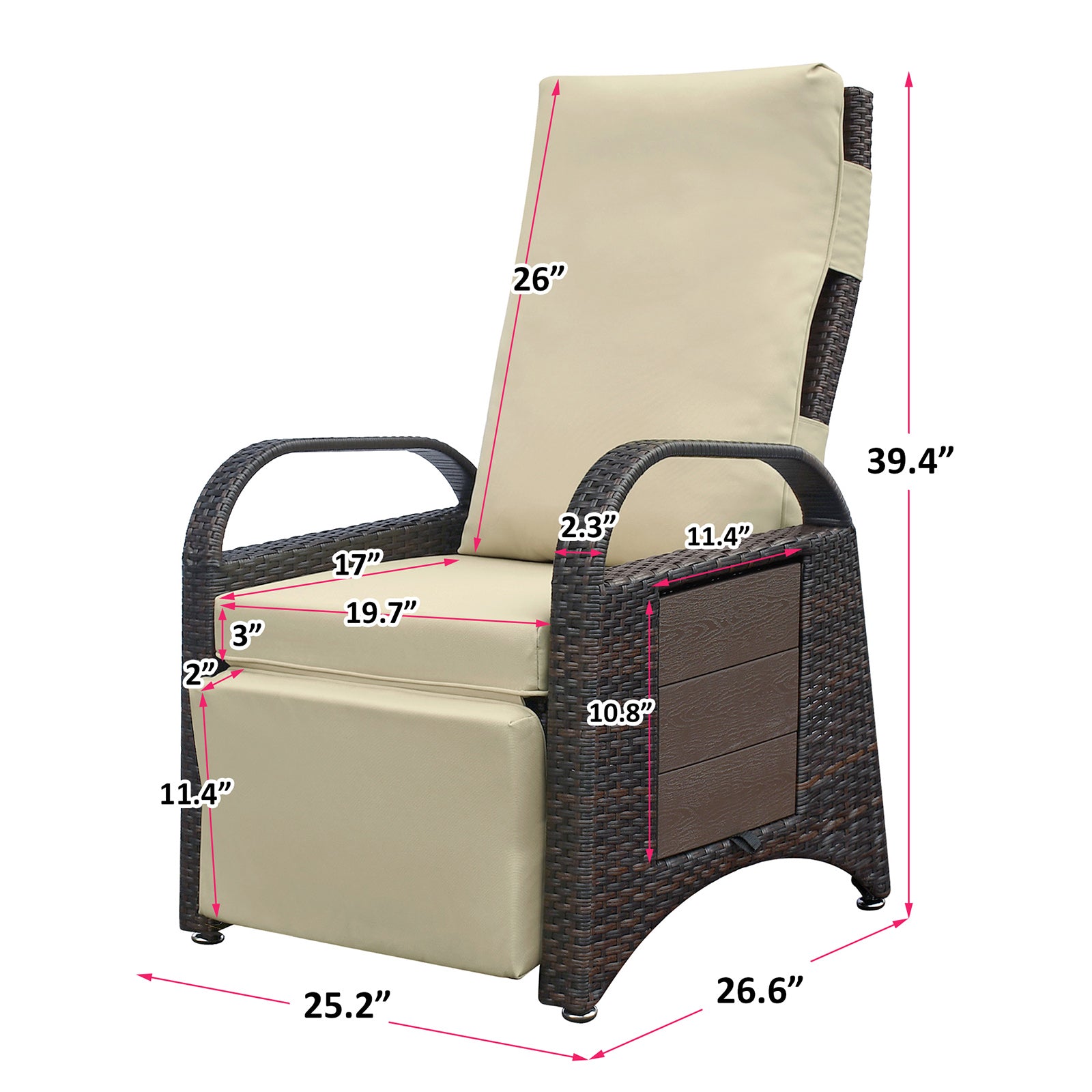 Brown wicker recliner chair with beige cushions featuring side storage panel