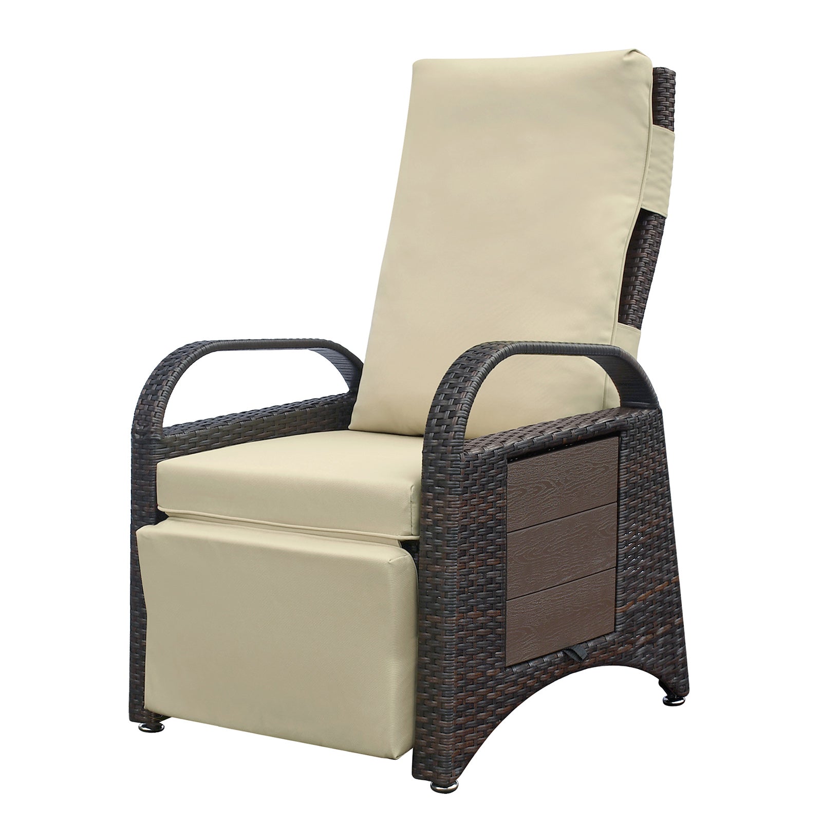 Tan cushioned wicker recliner with dark brown arms and legs perfect for patio relaxation