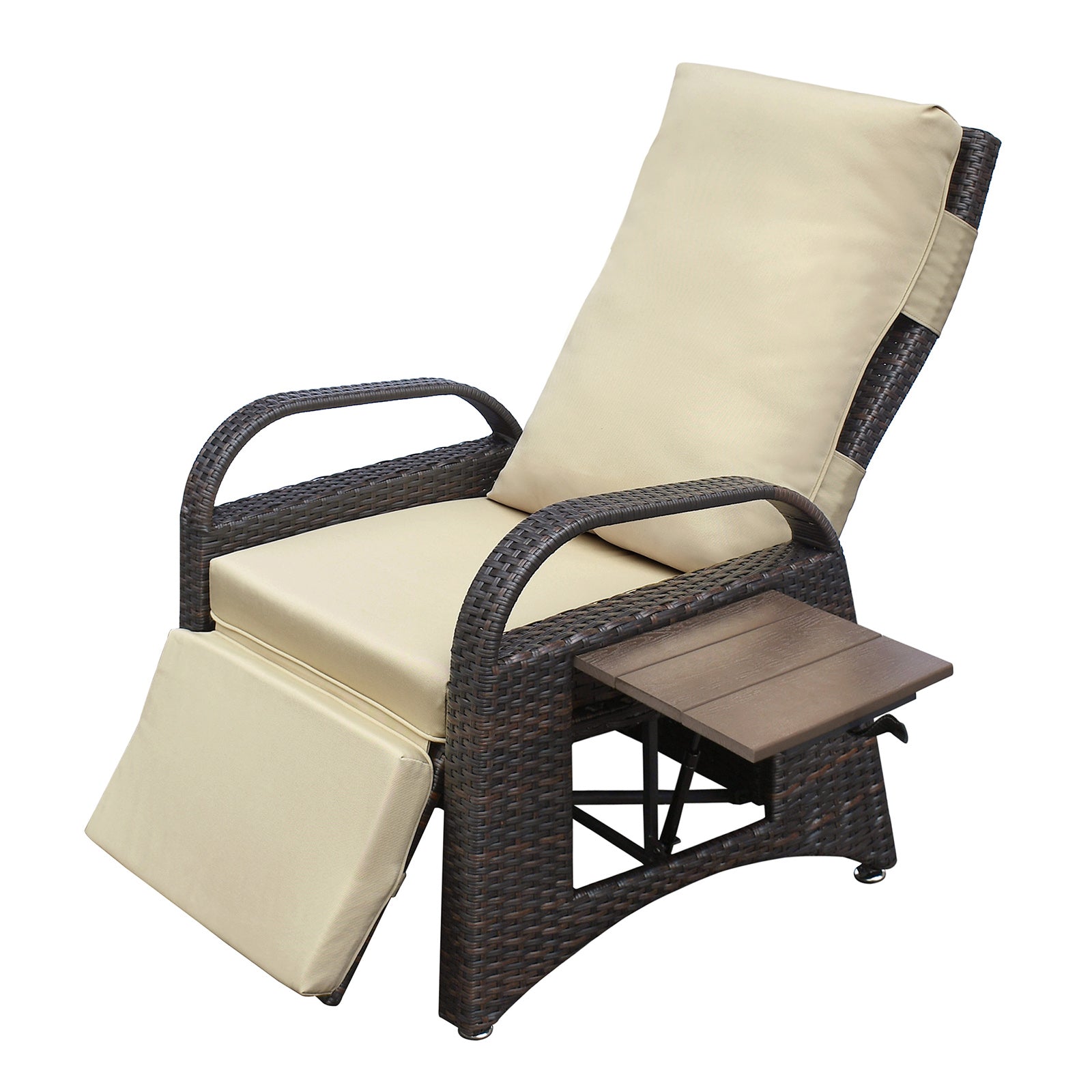Brown wicker recliner chair with beige cushions and a pullout side table for outdoor use