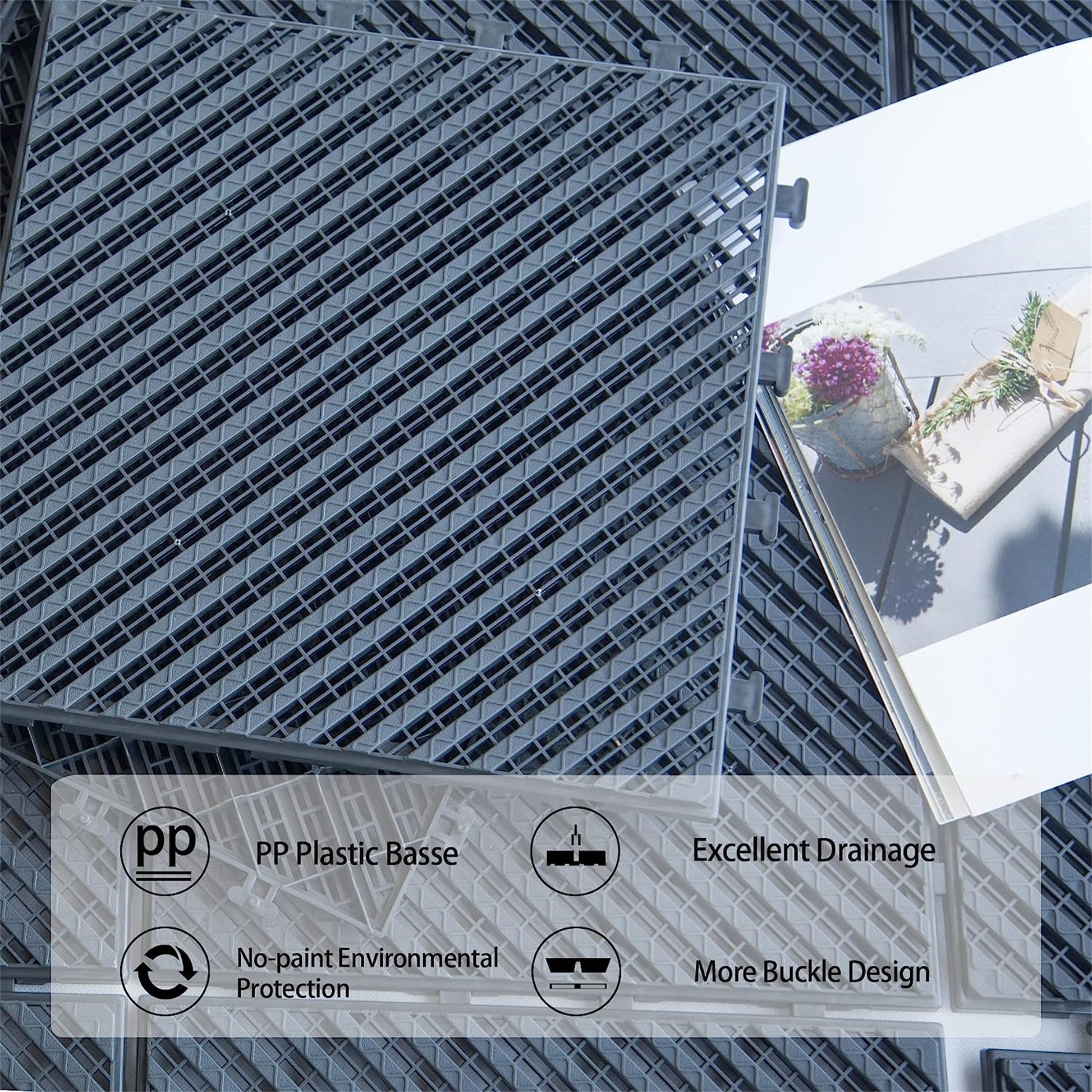 Gray interlocking PP plastic deck tiles with diamond pattern for outdoor use