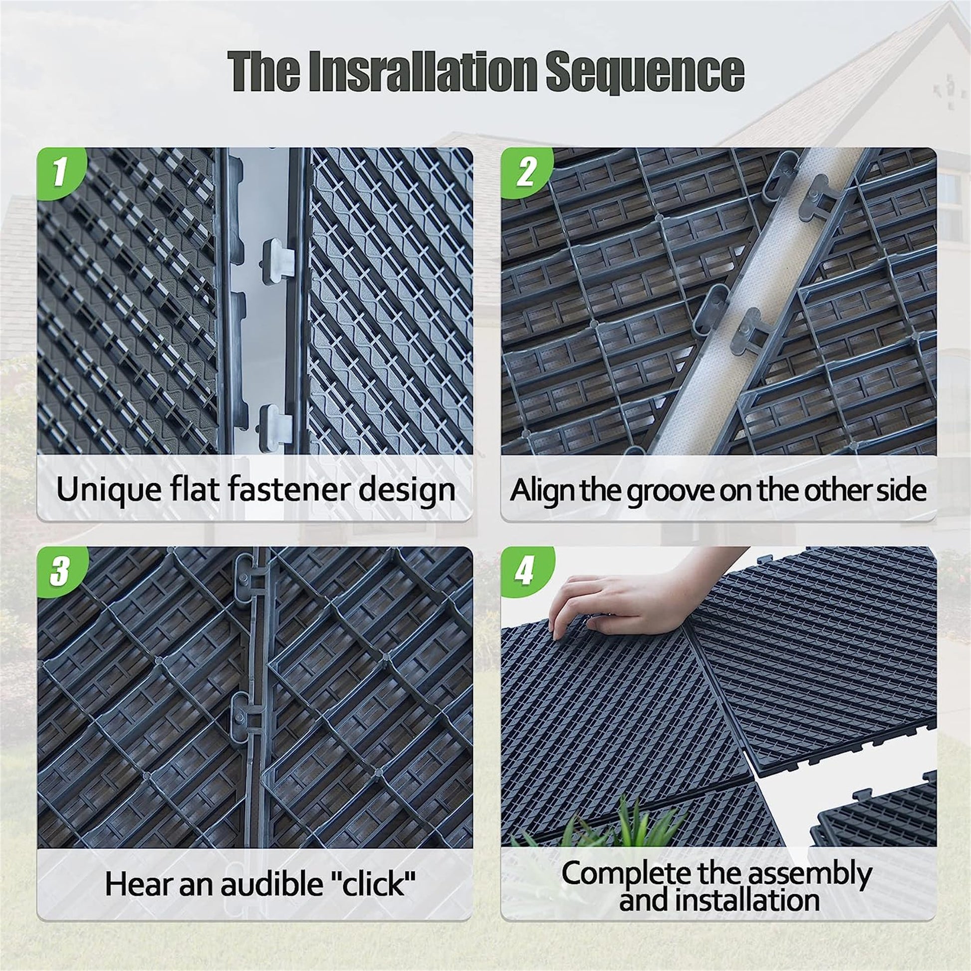 Closeup of grey interlocking deck tiles showcasing a unique flat fastener design for secure connection