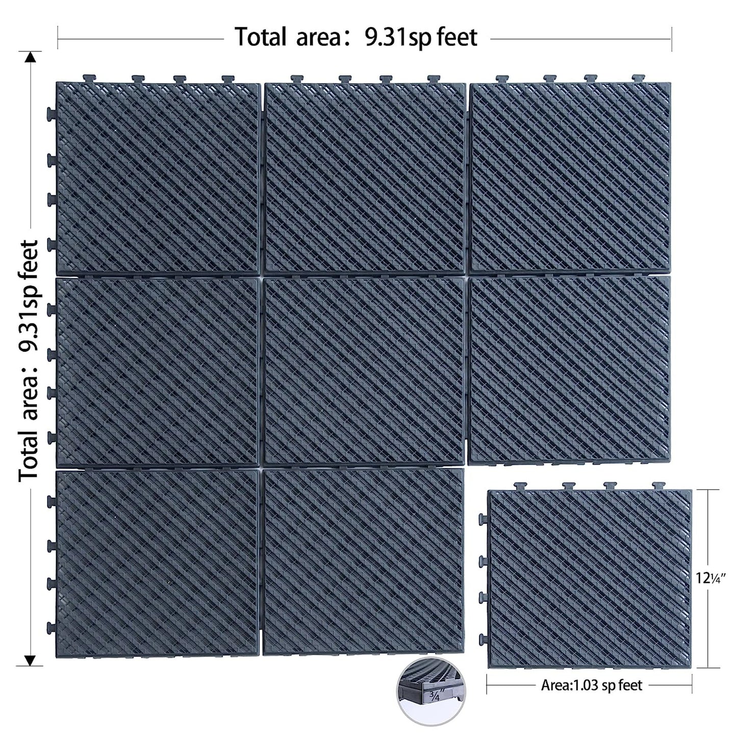 Dark grey interlocking floor tiles with a raised diagonal pattern for traction