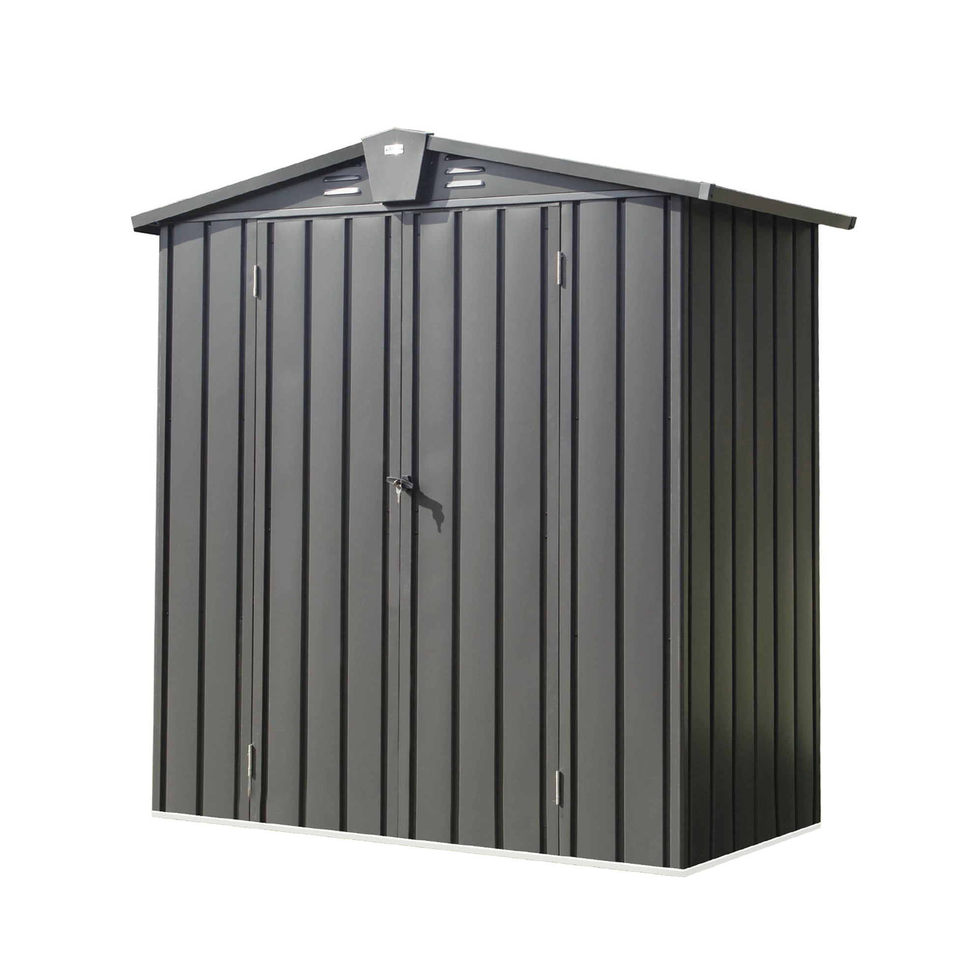 Dark gray metal garden shed with double doors and a sloped roof perfect for outdoor storage solutions