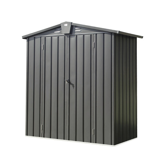 Dark gray metal garden shed with double doors and a sloped roof perfect for outdoor storage solutions