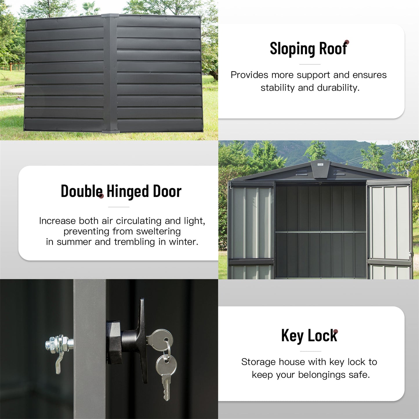 Dark gray horizontal panel storage shed with double hinged doors and a sloped roof