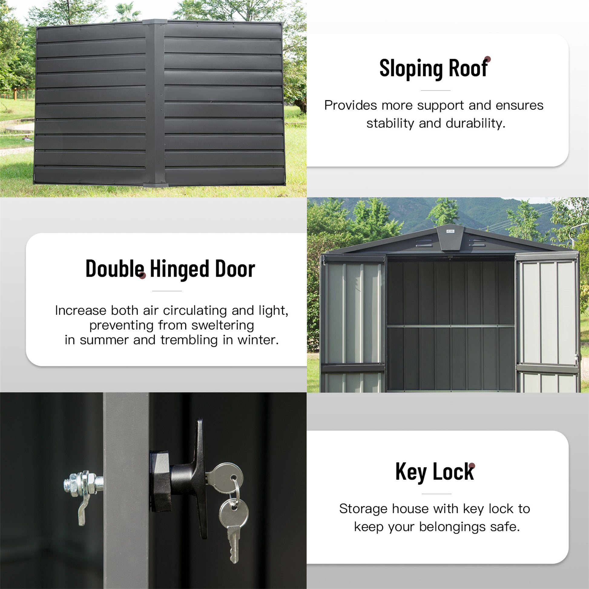Dark gray horizontal panel storage shed with double hinged doors and a sloped roof