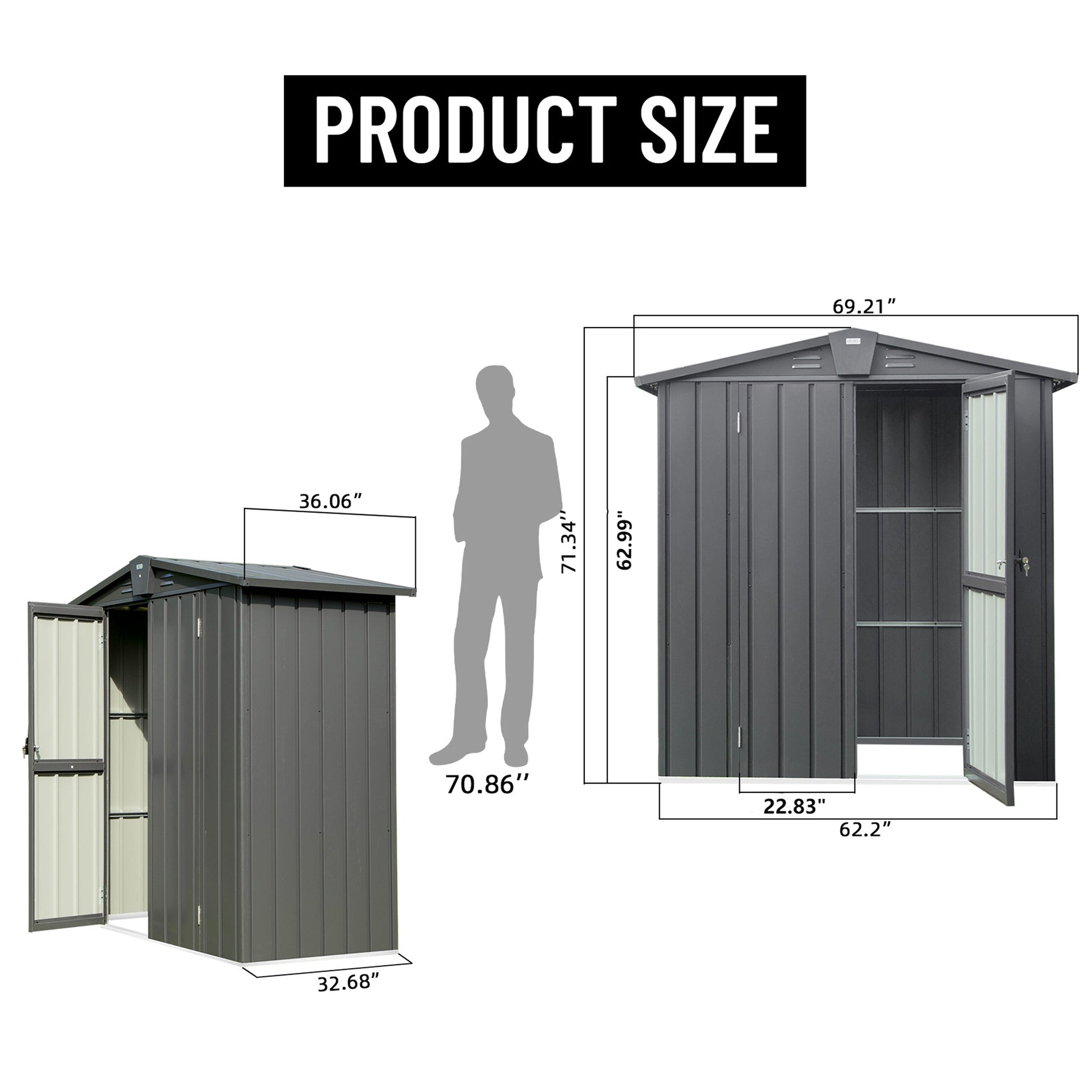 Grey metal garden shed with double doors and shelving  W