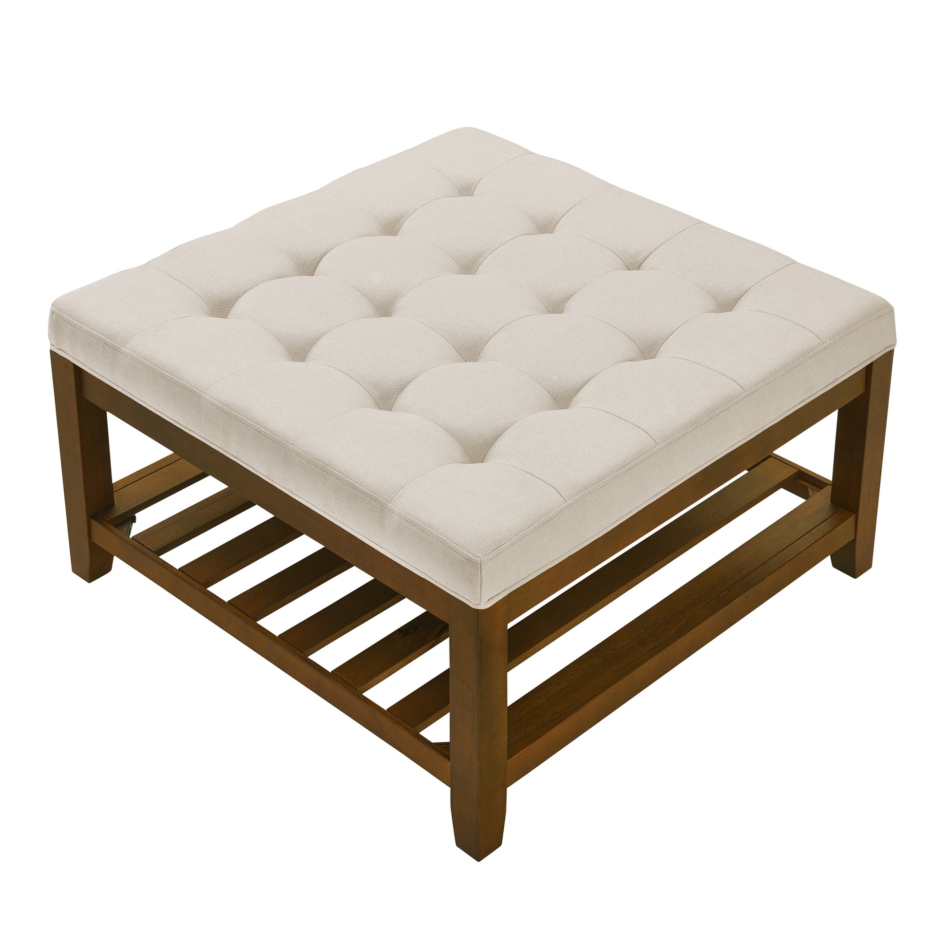 Tufted square ottoman with a light beige fabric top and a dark wood slatted base