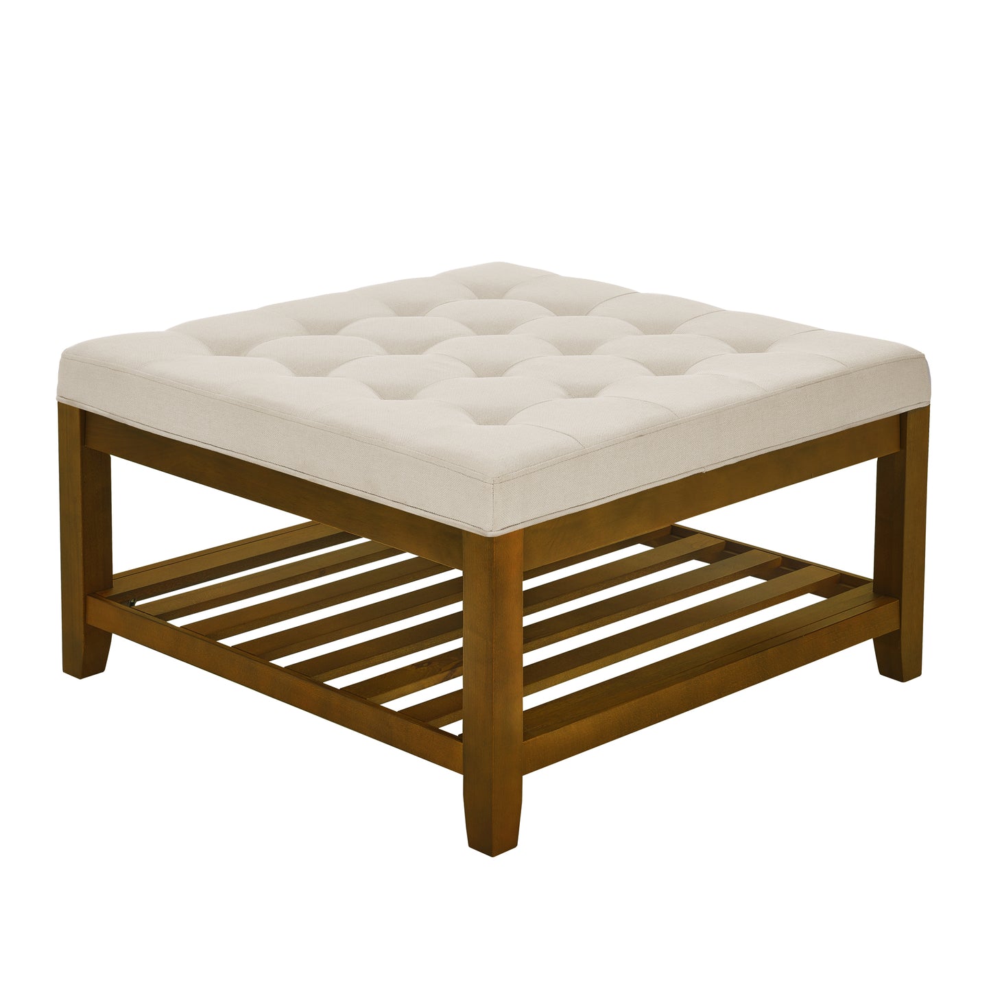 Ivory Upholstered Coffee Table with Tufted Top and Storage Shelf