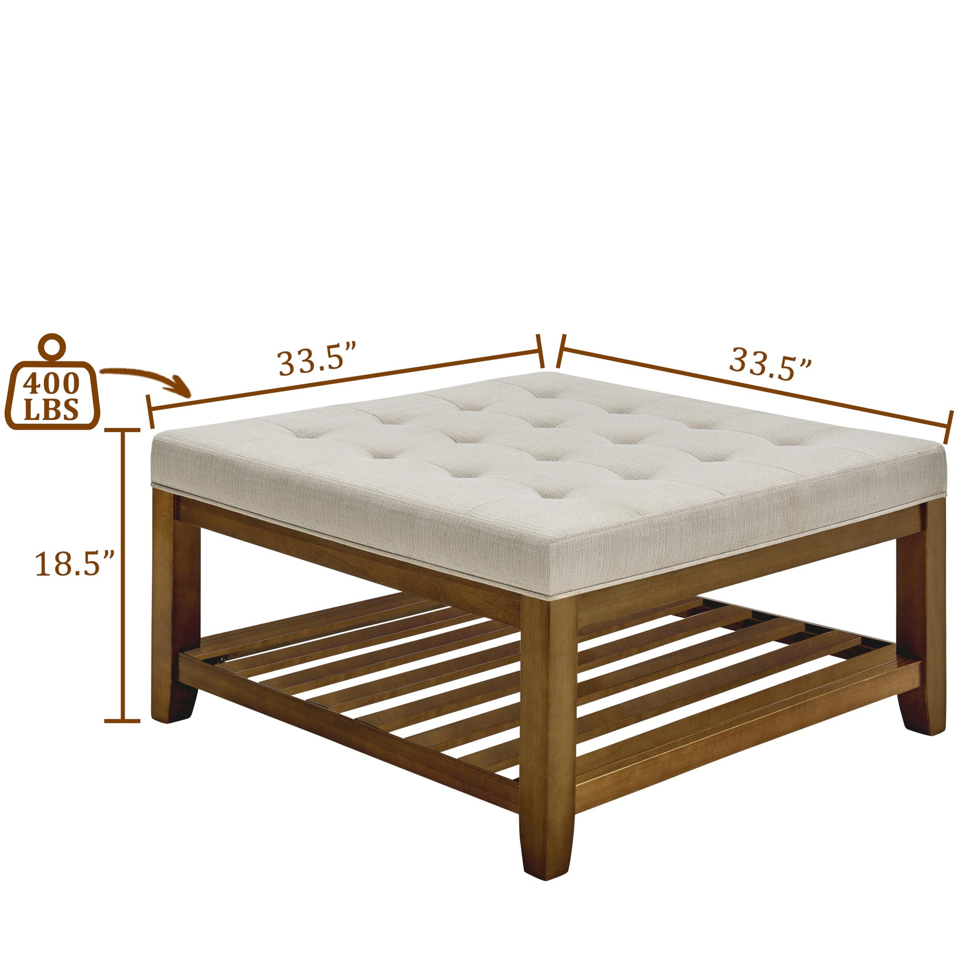 Tufted linen storage ottoman with wooden base  inches square and  inches high supporting up to  lbs