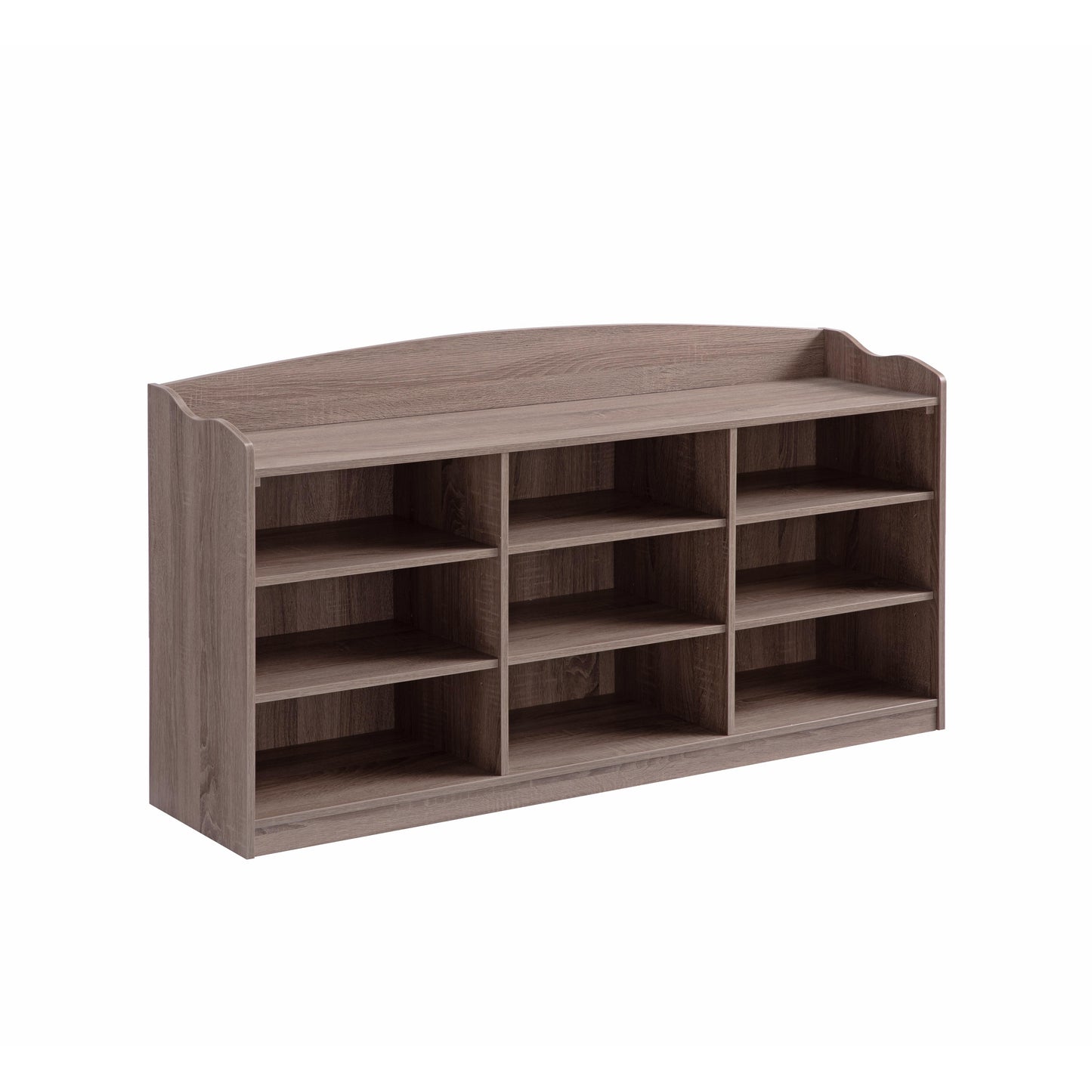 Modern grey wood shoe rack with  open cubbies