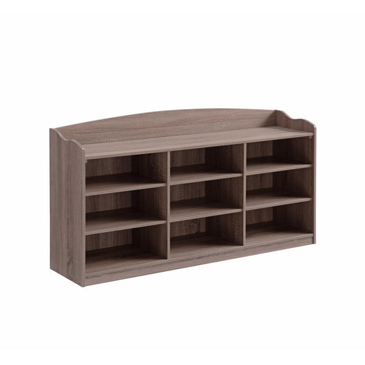 Modern grey wood shoe rack with  open cubbies