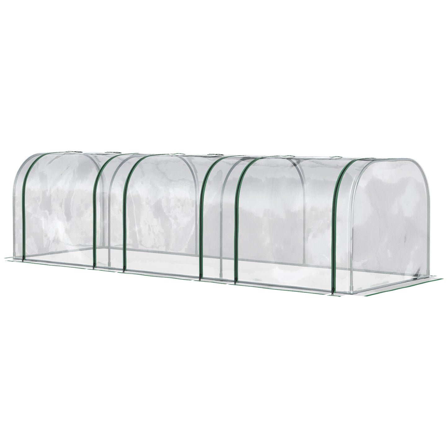Long clear walkin greenhouse with green trim ideal for extending growing seasons