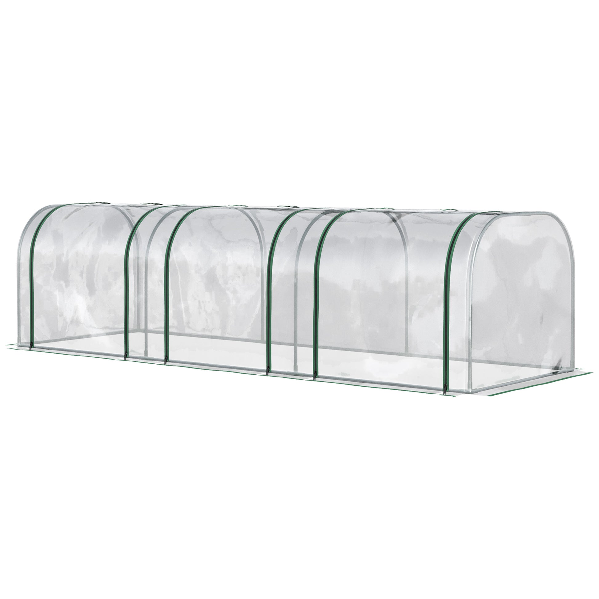 Long clear walkin greenhouse with green trim ideal for extending growing seasons