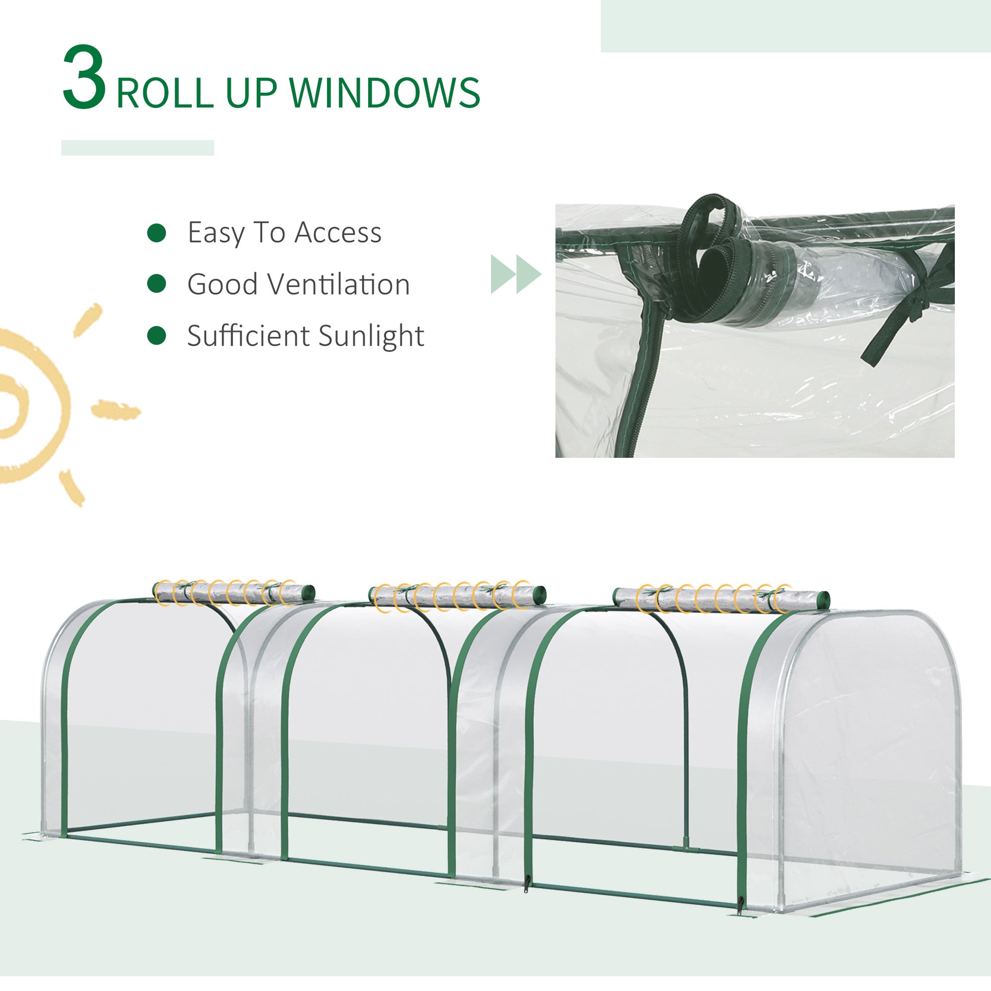 Clear portable greenhouse with three rollup windows and green frame