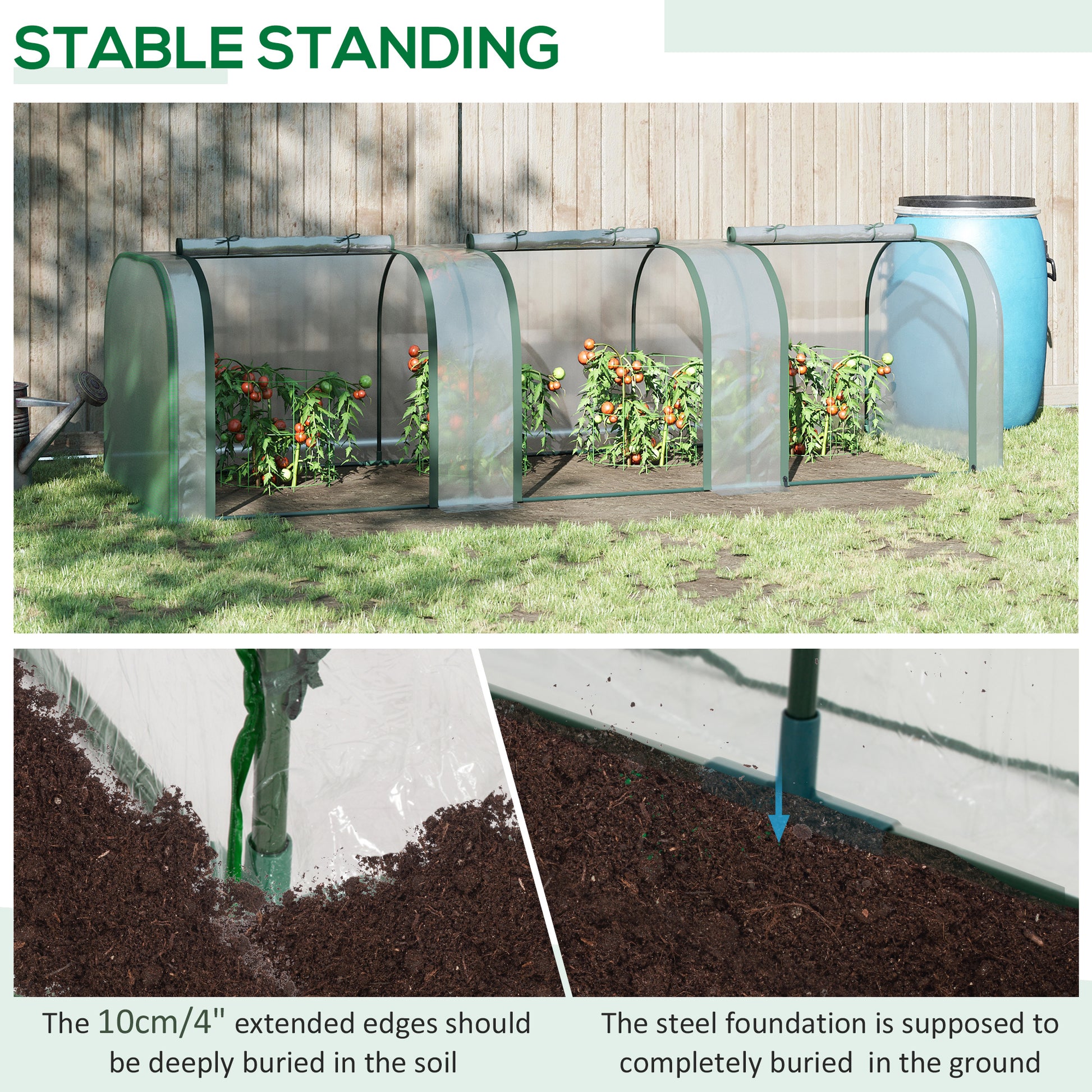 A portable greenhouse with a transparent cover green frame and growing tomato plants