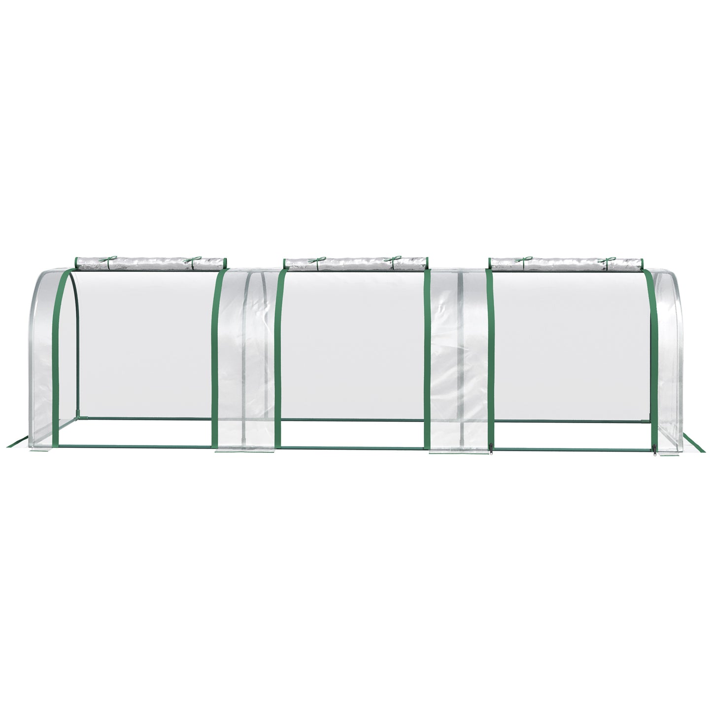 Green frame walkin greenhouse with three clear PE sections for garden plant protection