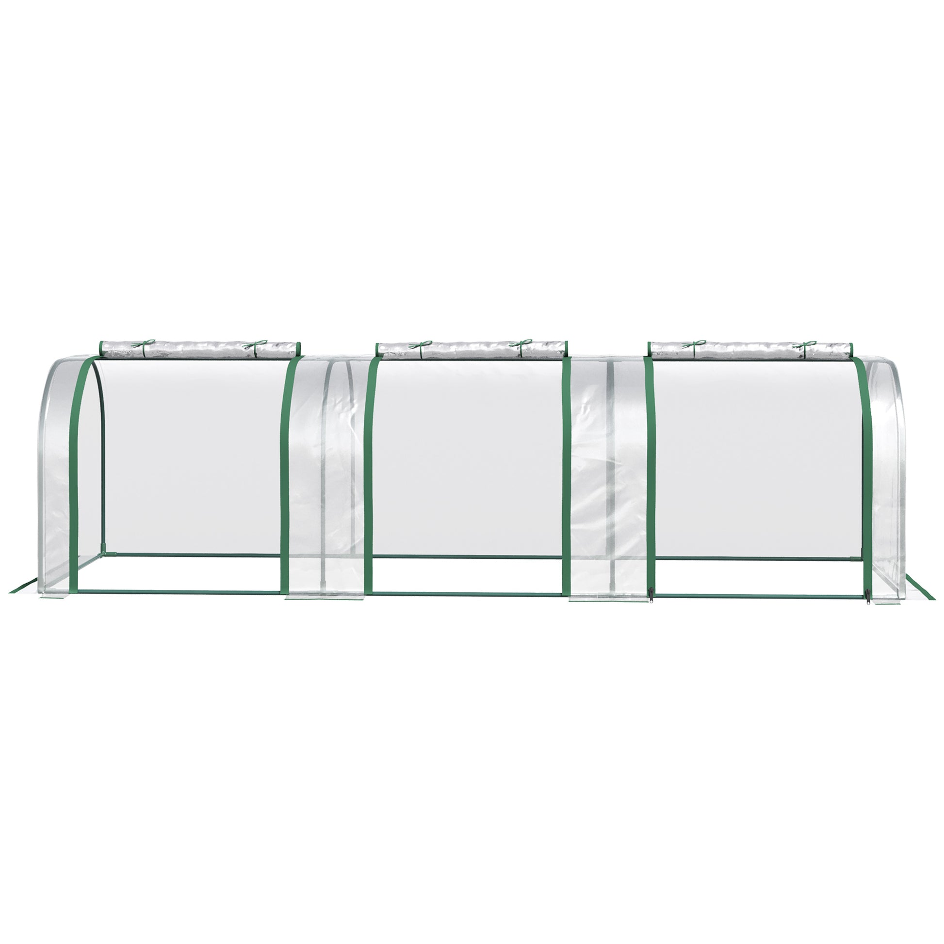 Green frame walkin greenhouse with three clear PE sections for garden plant protection