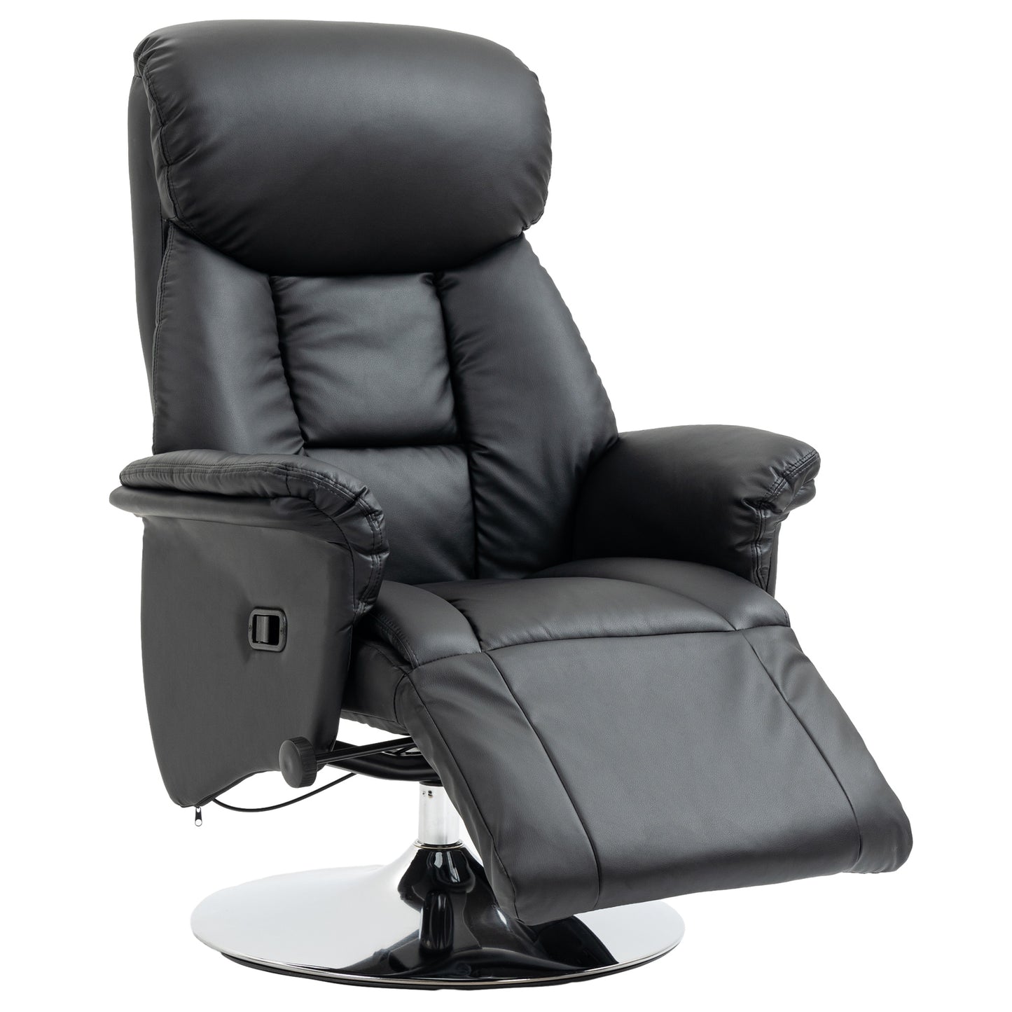 Black leather recliner chair with chrome swivel base plush cushioning for comfort