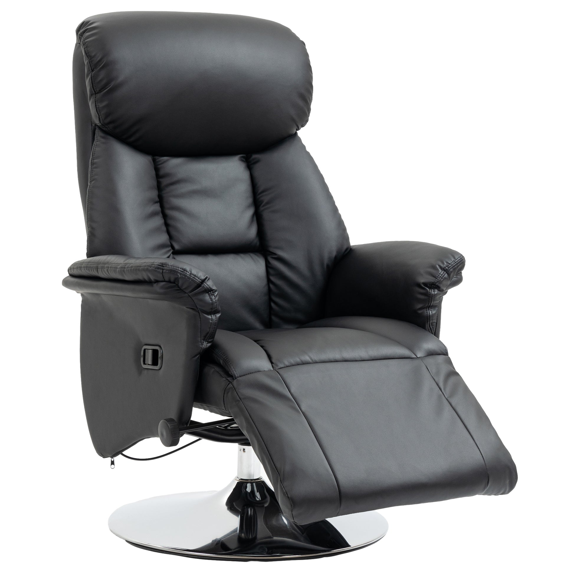 Black leather recliner chair with chrome swivel base plush cushioning for comfort