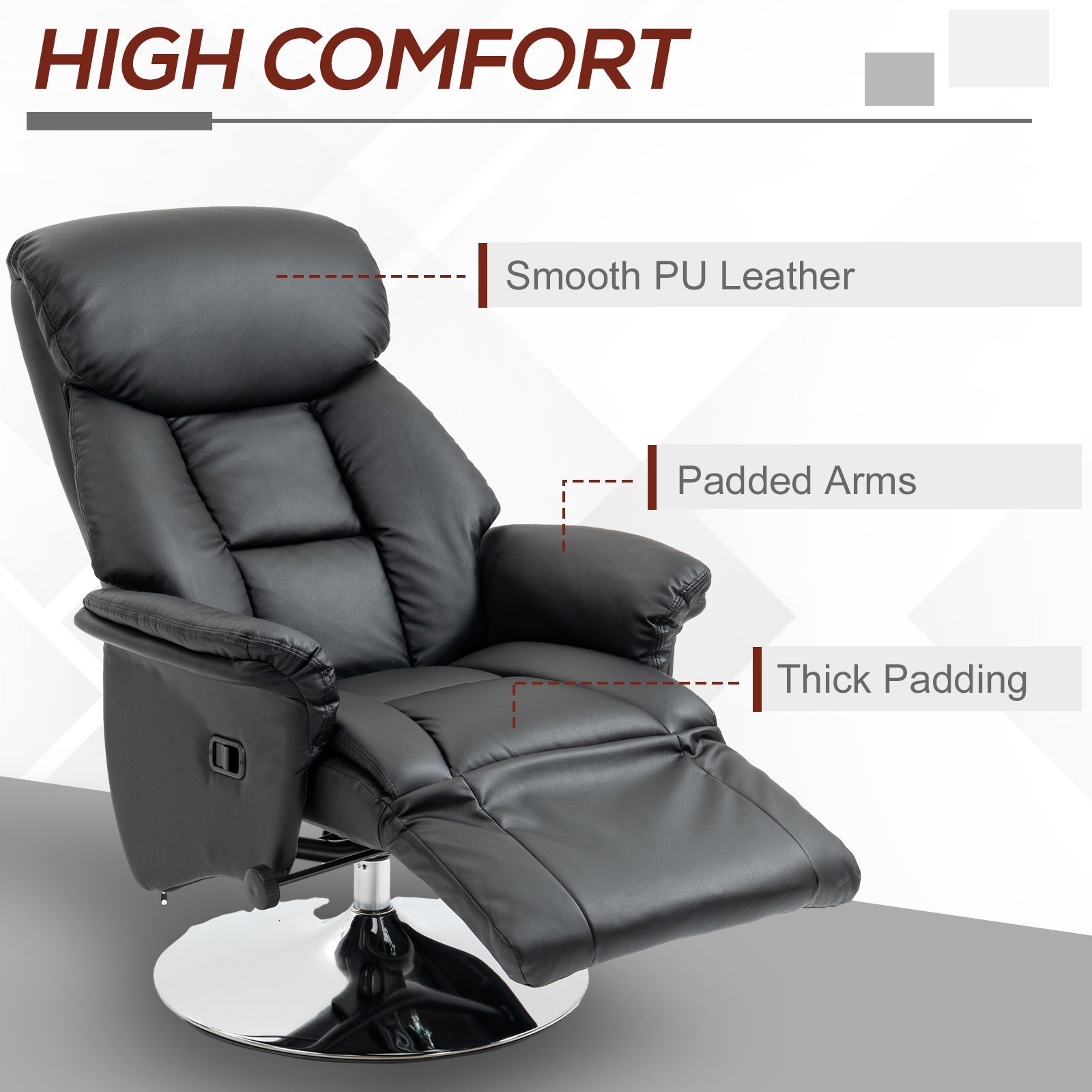 Black PU leather recliner chair with plush cushioning and padded arms