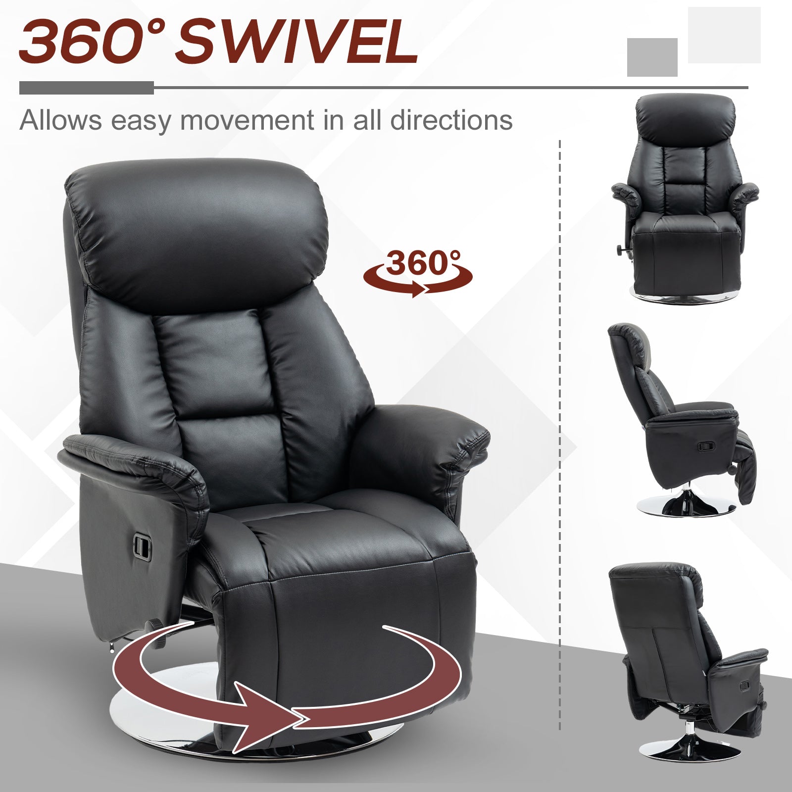 Black faux leather recliner chair with plush cushioning and  swivel base