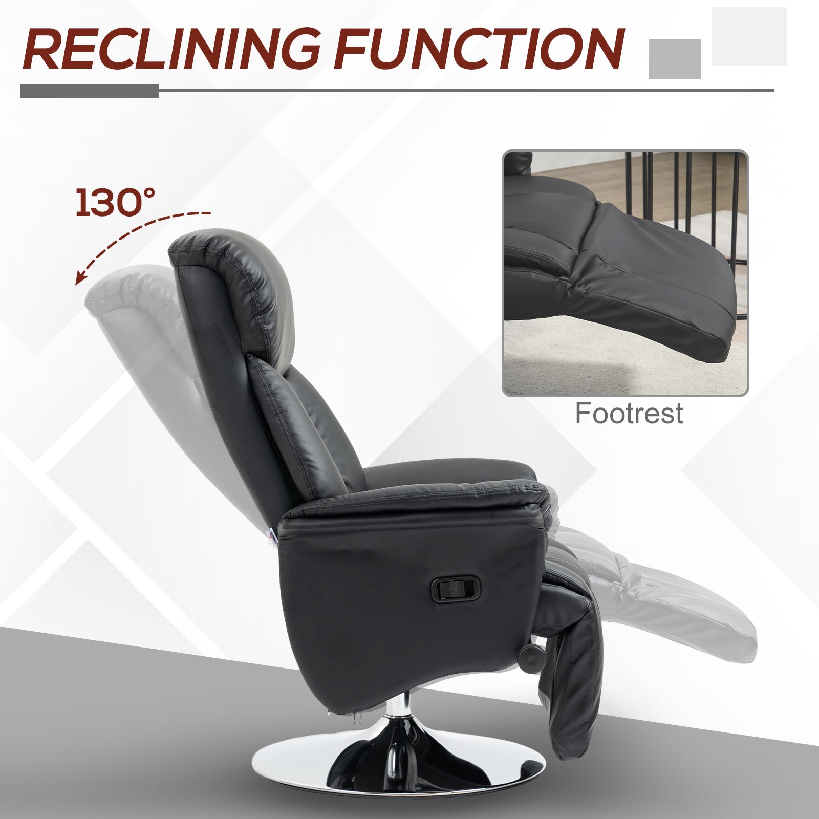 Black leather recliner chair with adjustable footrest and degree reclining function