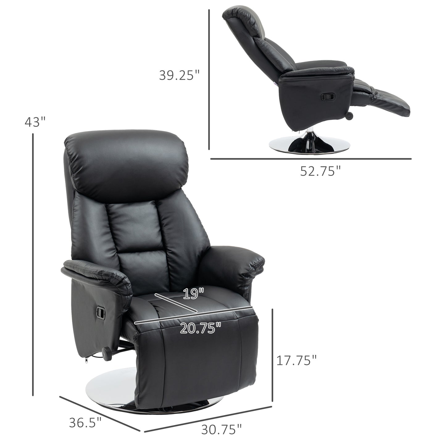 Black leather recliner chair with chrome base fully extended footrest for maximum comfort
