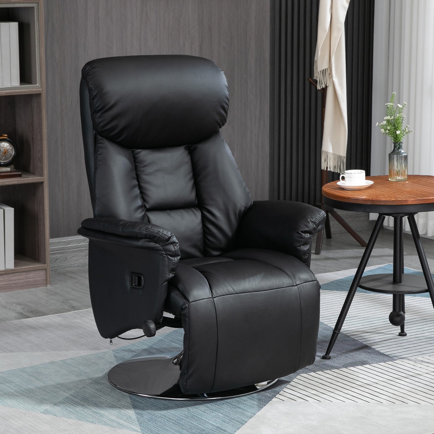 Plush black leather recliner chair with adjustable headrest and swivel base for ultimate relaxation