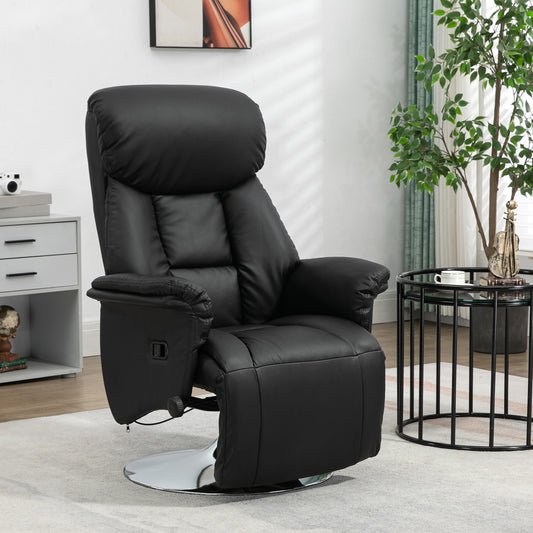 Black leather recliner chair with padded headrest and chrome swivel base