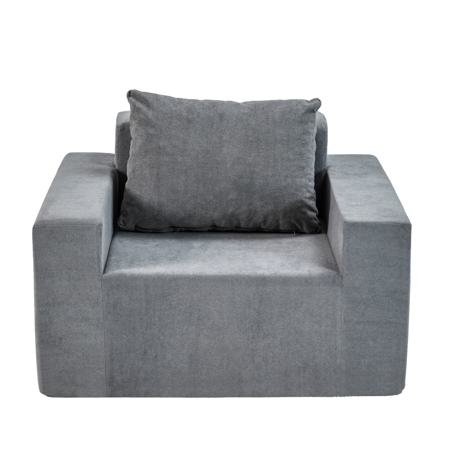 Gray fabric armchair with a single plush cushion ideal for modern living rooms