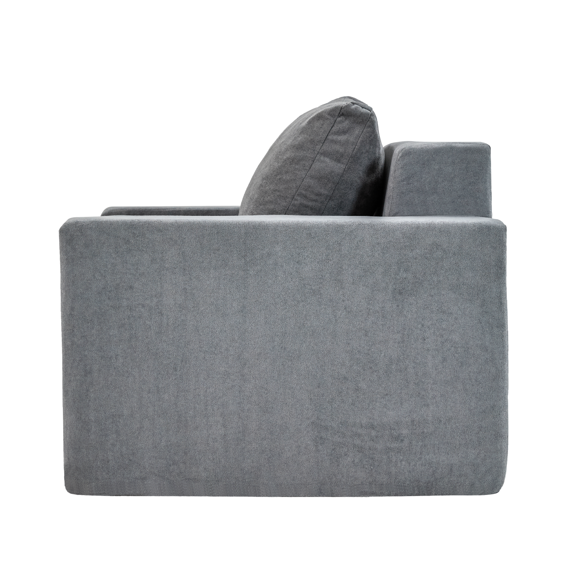 Gray velvet armchair with plush back cushion and square armrest