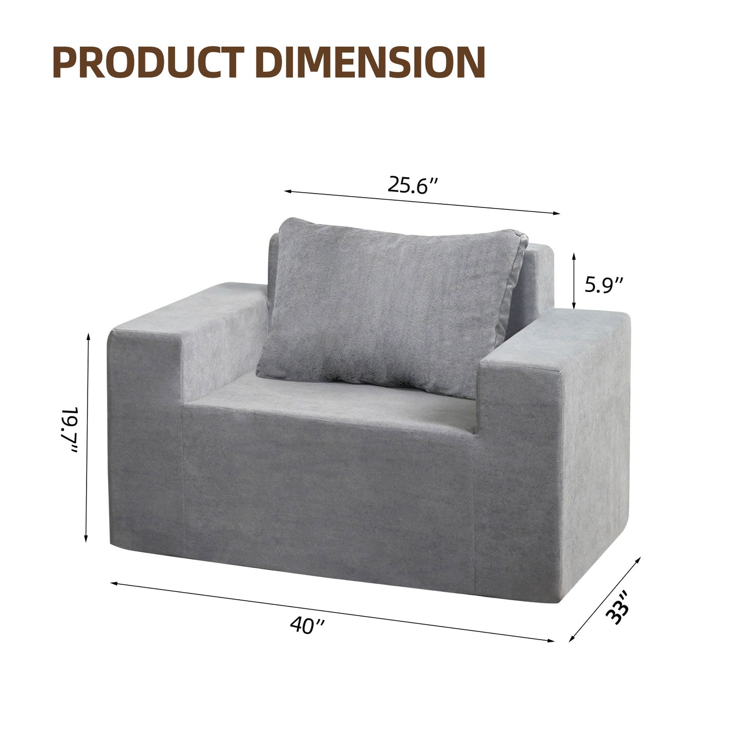 Gray upholstered accent chair with dimensions shown in graphic