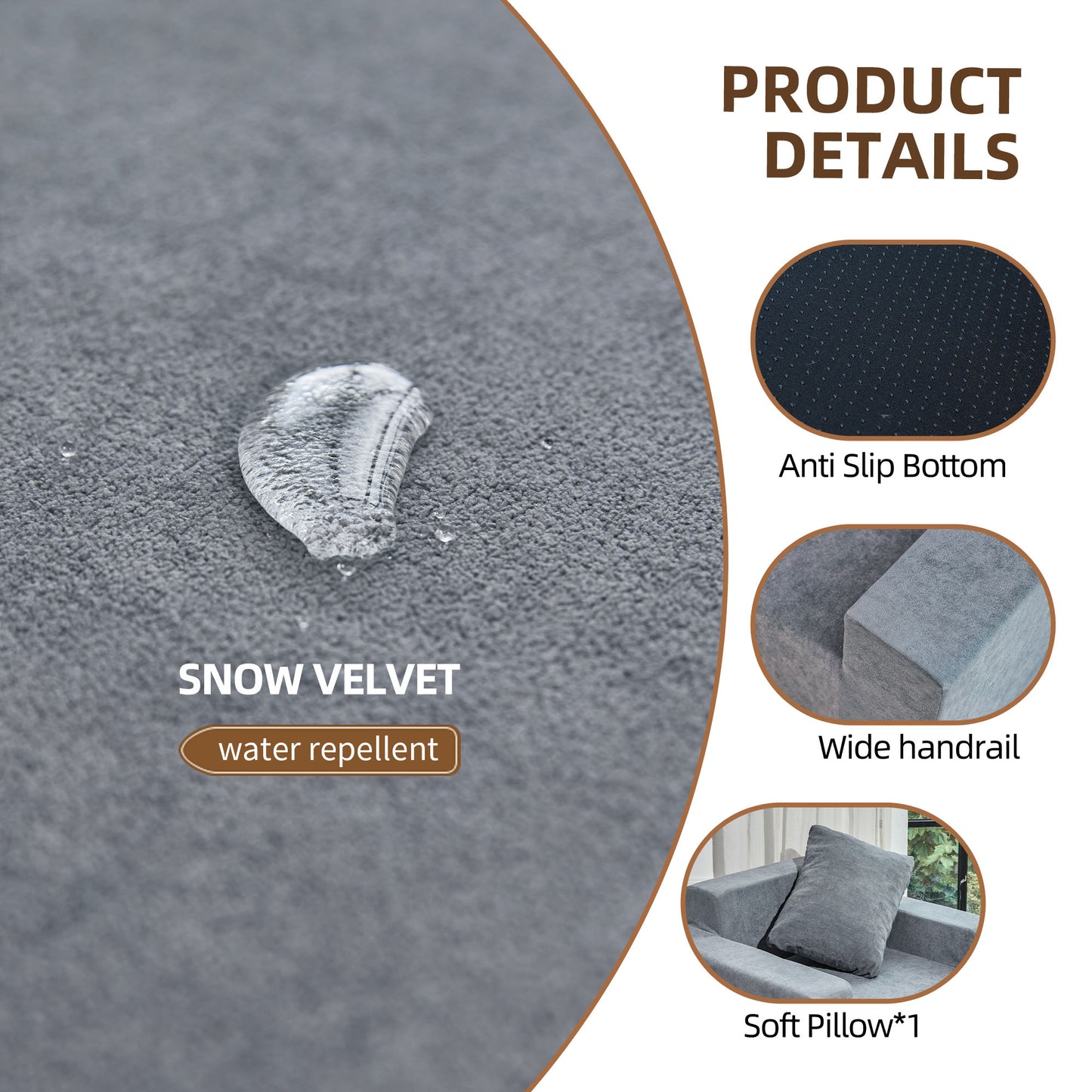 Gray snow velvet fabric with water repellent coating for furniture protection