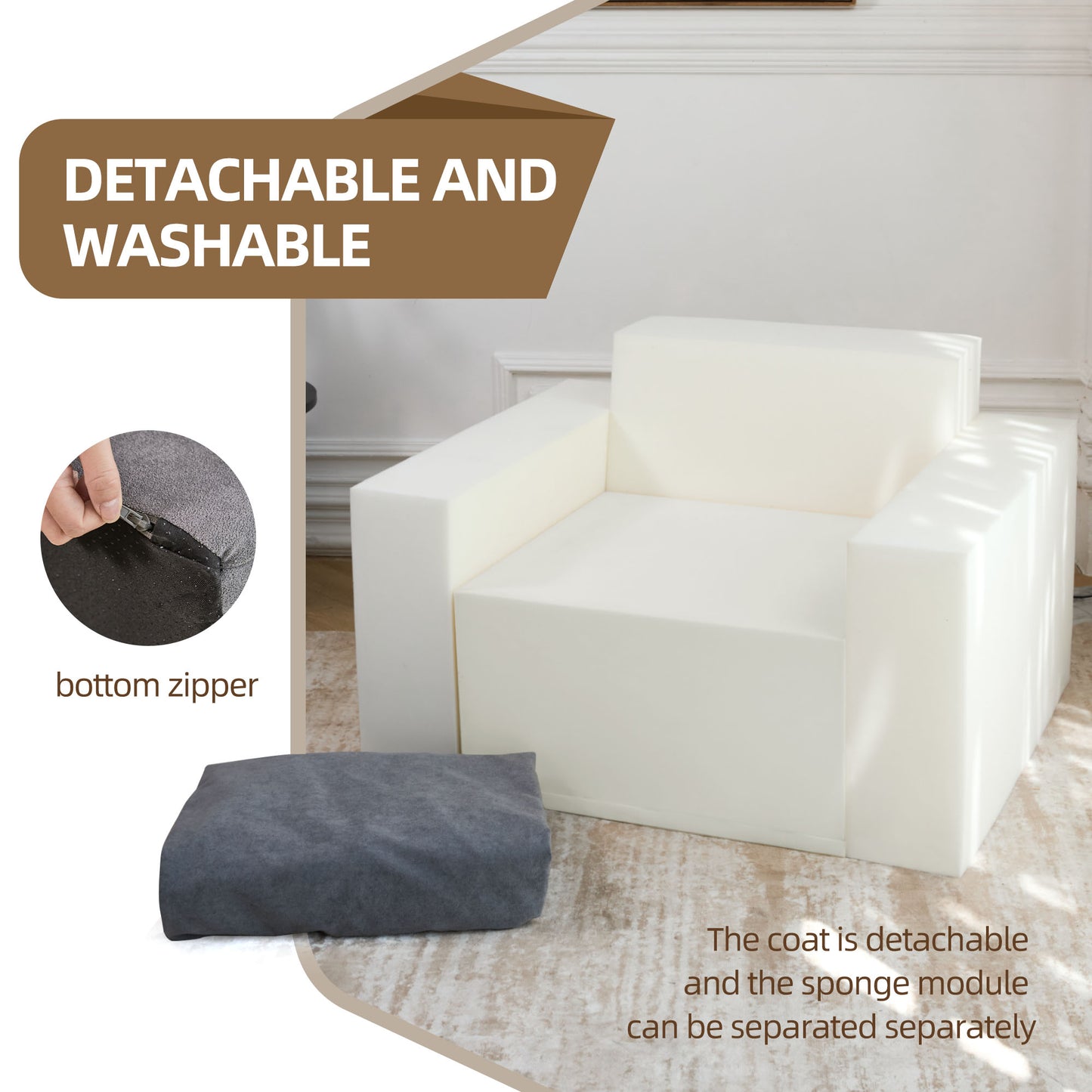 White modular sofa with detachable and washable grey cover ideal for living rooms