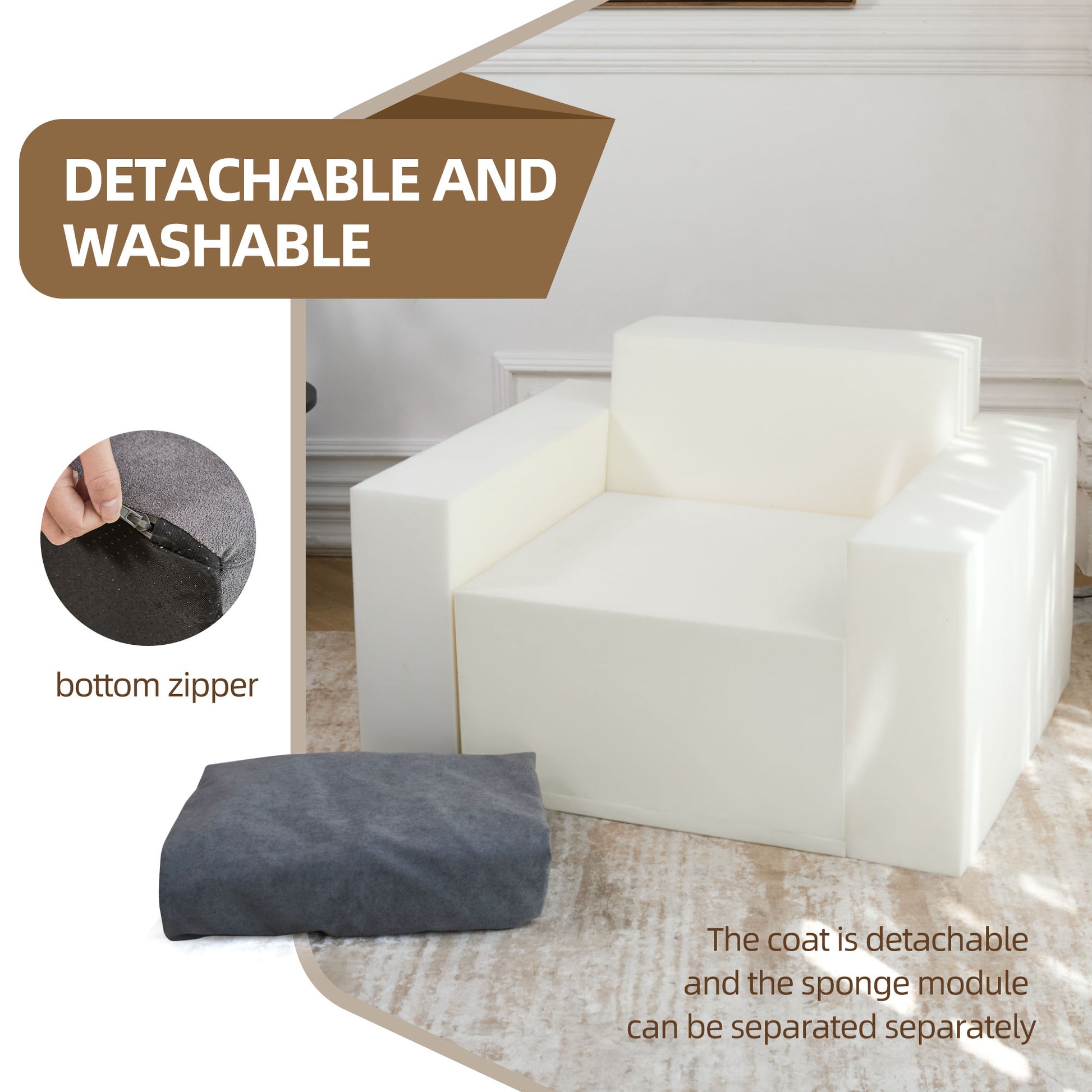 White modular sofa with detachable and washable grey cover ideal for living rooms
