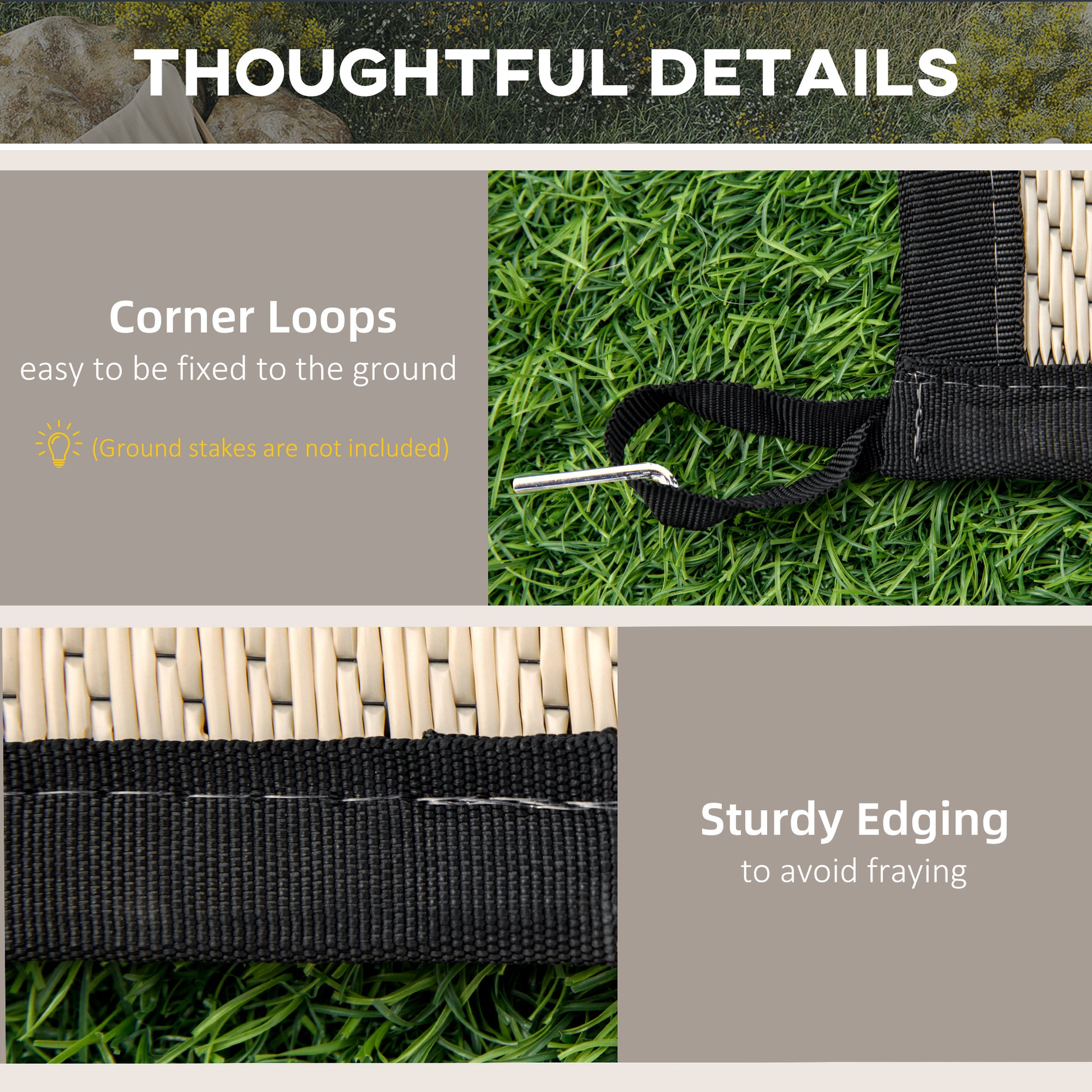 Woven picnic blanket with a metal stake through a corner loop for secure anchoring